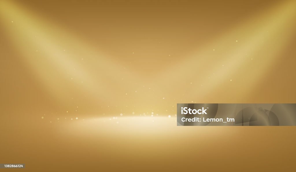 Abstract background gold light glitter show stage of glow shiny golden scene luxury backdrop or empty sparkle podium award spotlight celebration and shine studio display bokeh on glamour wallpaper. Gold Colored Stock Photo