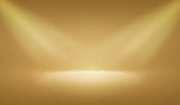 Photo of Abstract background gold light glitter show stage of glow shiny golden scene luxury backdrop or empty sparkle podium award spotlight celebration and shine studio display bokeh on glamour wallpaper.