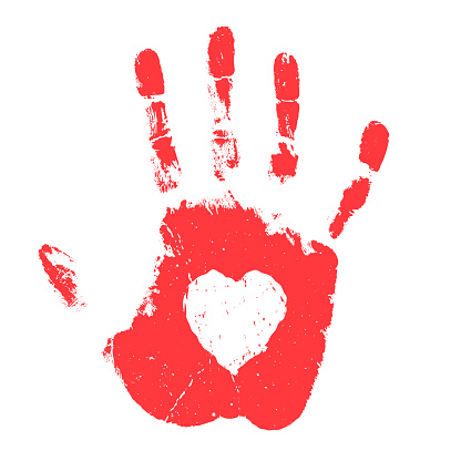 Hand print illustration with heart shape on white background