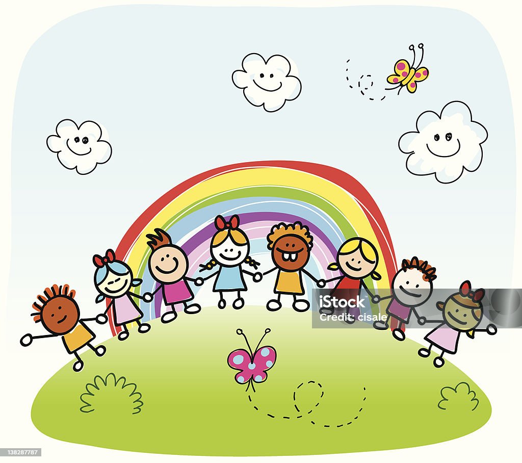 Happy Children Holding Hands Playing Outside Springsummer Nature Cartoon  Stock Illustration - Download Image Now - iStock