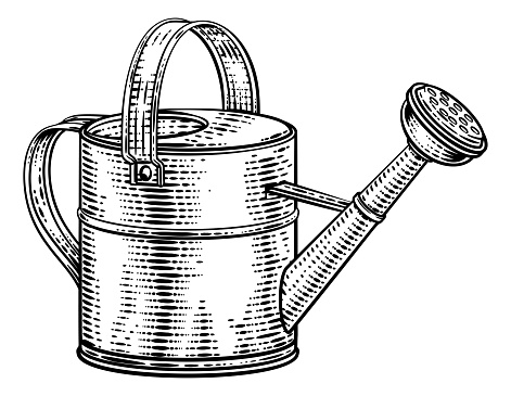 Garden watering can gardening tool illustration in a vintage retro woodcut style