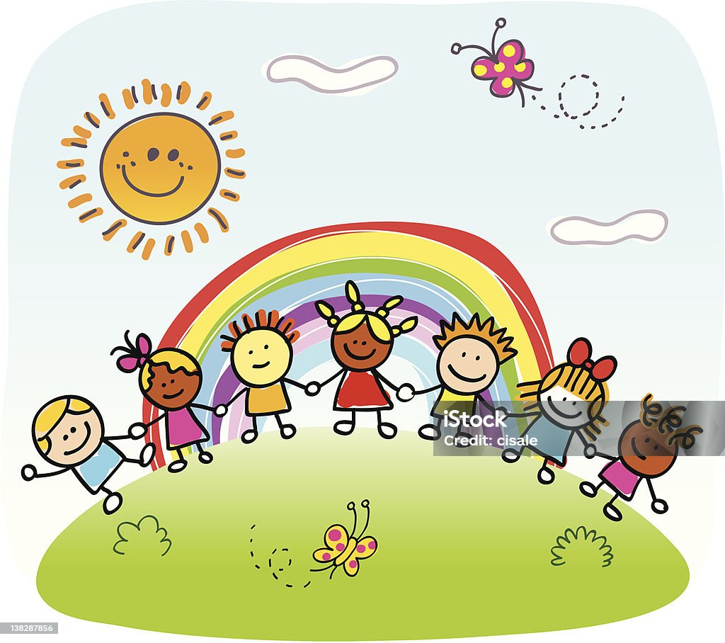 happy children holding hands,  playing outside spring,summer nature cartoon ALL KINDS OF MIXED CHILDREN (sort by age to see similar cartoons together) Child stock vector