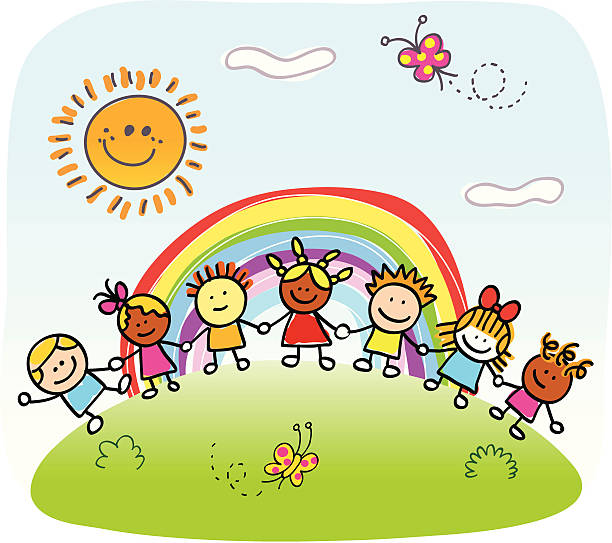 happy children holding hands,  playing outside spring,summer nature cartoon ALL KINDS OF MIXED CHILDREN (sort by age to see similar cartoons together) kids holding hands stock illustrations