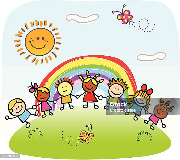 Happy Children Holding Hands Playing Outside Spring Summer Nature Cartoon Stock Illustration - Download Image Now