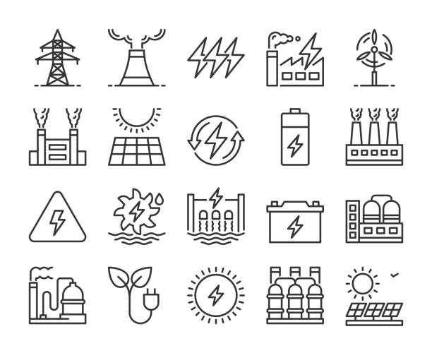 illustrations, cliparts, dessins animés et icônes de icônes de centrales électriques. jeu d’icônes de ligne de centrale électrique. contour modifiable. - ligne à haute tension