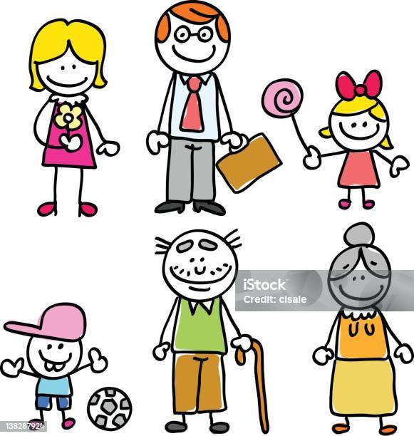 Rodzina Ilustracja Kreskówka Z Matka Ojciec Dzieci Seniorzy - Stockowe grafiki wektorowe i więcej obrazów Dowcip rysunkowy