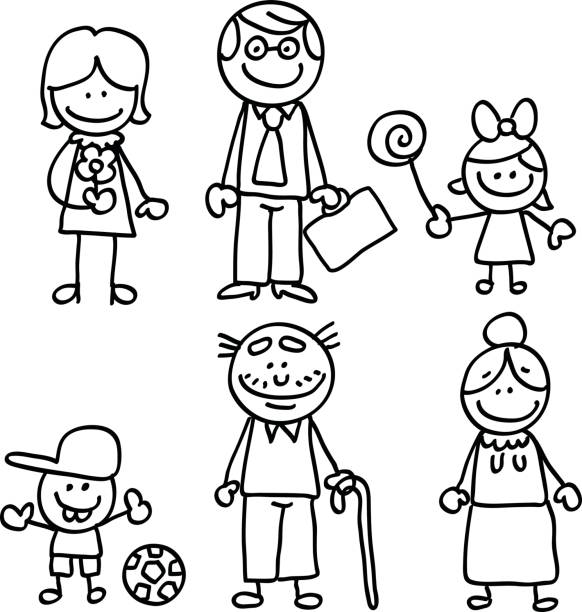 Lineart big family cartoon vector art illustration