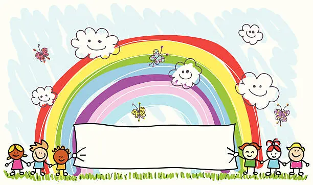 Vector illustration of happy children friends holding empty banner, spring,summer cartoon illustration