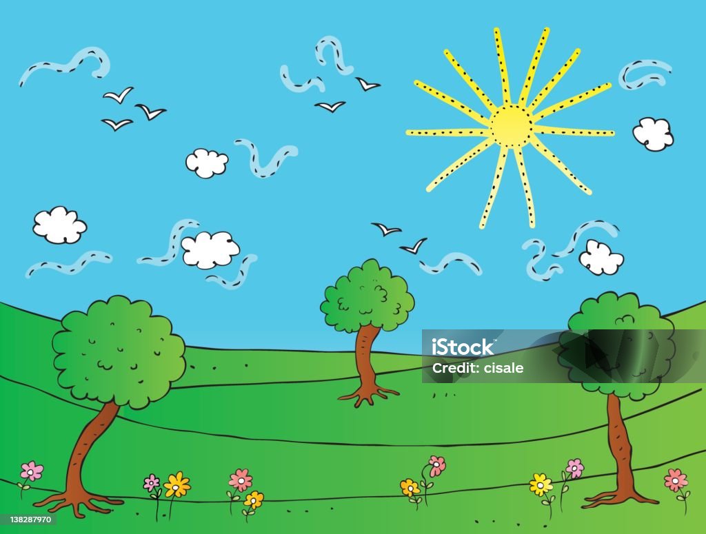 Verão vista de natureza Primavera verde com pássaros, céu, Árvore - Royalty-free Banda desenhada - Produto Artístico arte vetorial