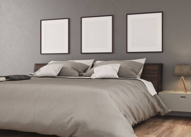 istock 3d illustration with three blank canvases, for a bedroom. Profile view 1382881970