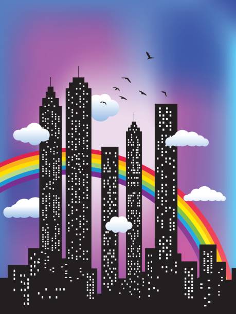 illustrazioni stock, clip art, cartoni animati e icone di tendenza di skyline della città con cielo e modello di arcobaleno di illustrazione - new york rain