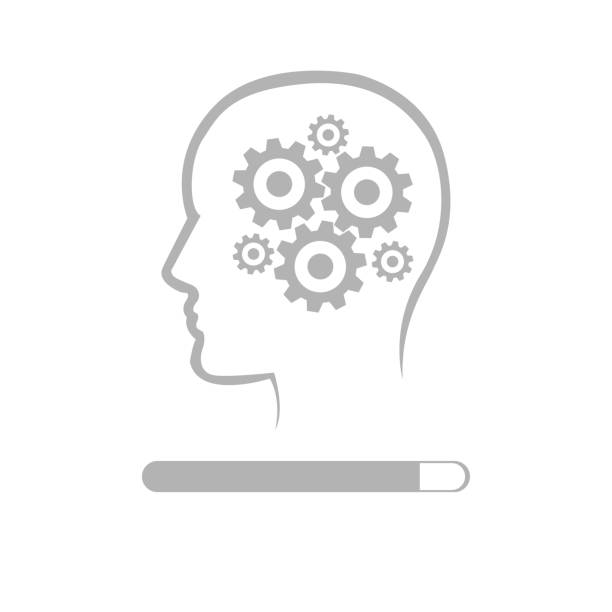 ikona głowy z kół zębatymi na białym tle, koncepcja procesu myślenia i odbicia, ilustracja wektorowa - concentration brain contemplation action stock illustrations