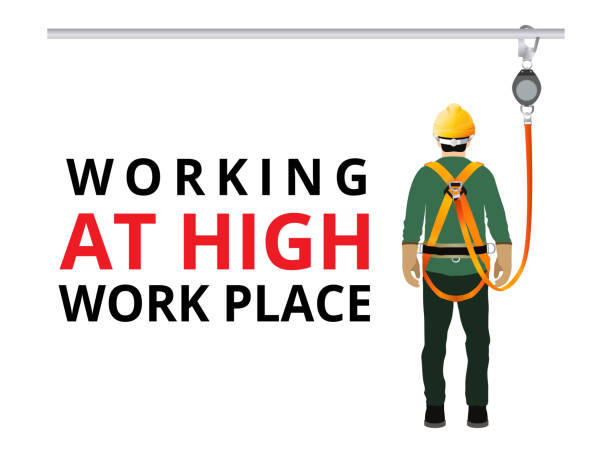 ochrona przed upadkiem, praca w wysokim miejscu pracy, bezpieczeństwo pracowników budowlanych przede wszystkim, projektowanie wektorowe - hak wyposażenie stock illustrations