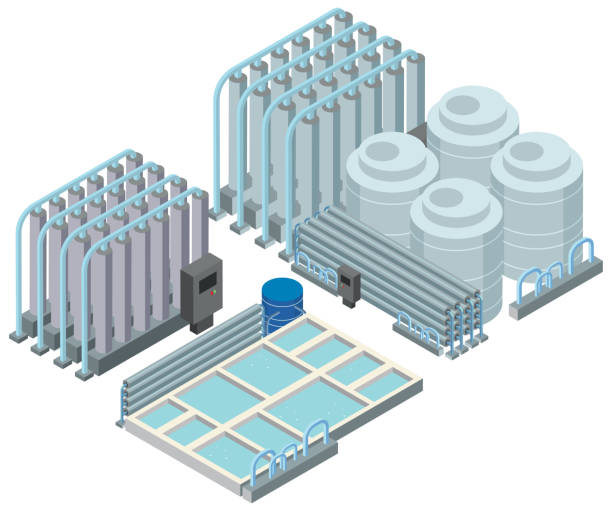 ilustraciones, imágenes clip art, dibujos animados e iconos de stock de área industrial isométrica de la planta desaladora - desalination