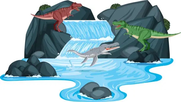 Vector illustration of Scene with dinosaurs by the waterfall