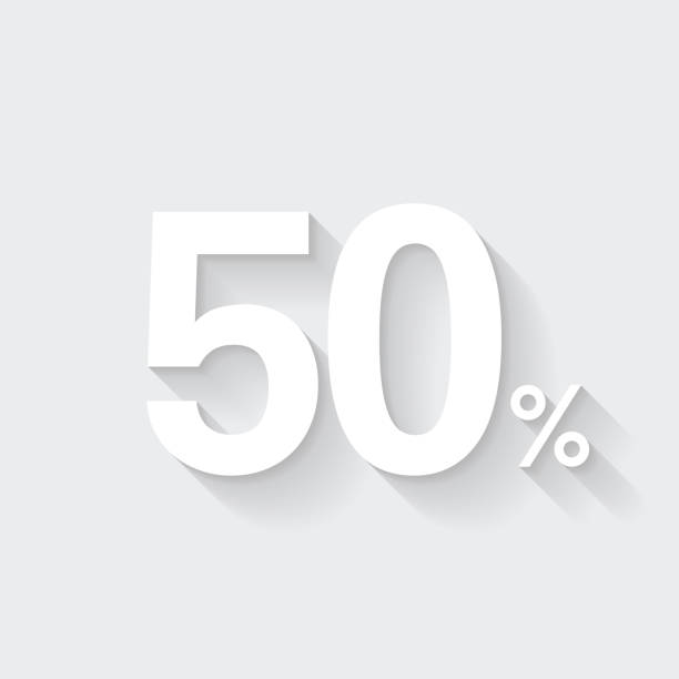 ilustrações de stock, clip art, desenhos animados e ícones de 50% - fifty percent. icon with long shadow on blank background - flat design - 50 percent