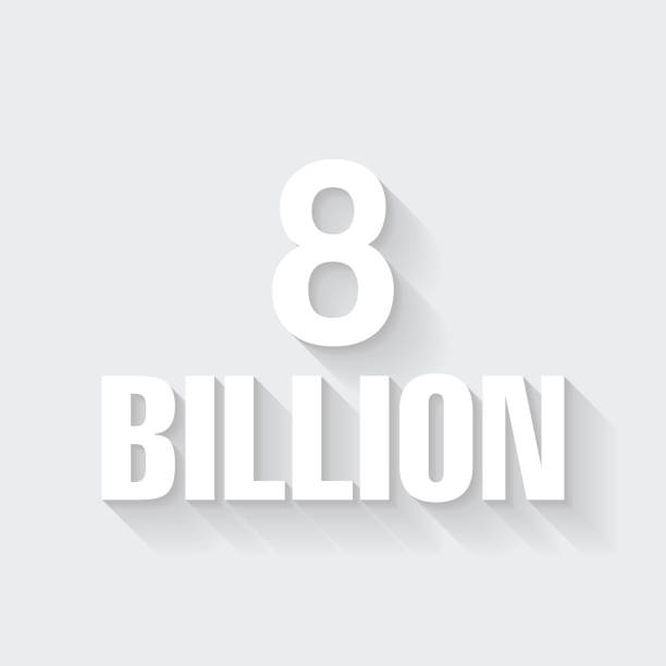 8 Billion. Icon with long shadow on blank background - Flat Design White icon of "8 Billion" in a flat design style isolated on a gray background and with a long shadow effect. Vector Illustration (EPS10, well layered and grouped). Easy to edit, manipulate, resize or colorize. Vector and Jpeg file of different sizes. billions quantity stock illustrations