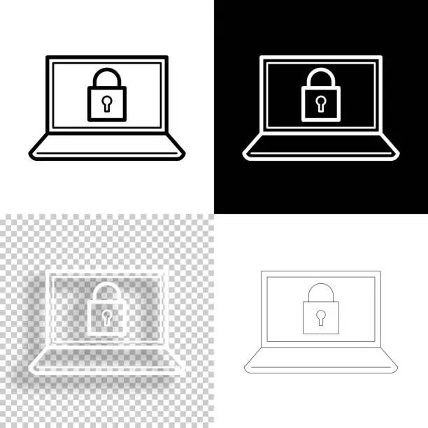 Vector illustration of Laptop with padlock. Icon for design. Blank, white and black backgrounds - Line icon