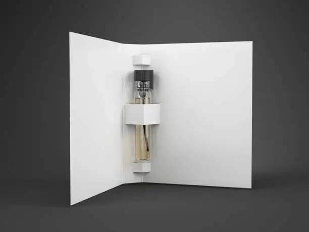 Perfume glass tester vial with blank paper cover for you design template. 3d rendering