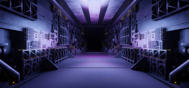 istock Futuristic Industrial Parking Underground Car Warehouse Garage Studio Rough Modern Reflective Spaceship Tunnel Corridor Showcase Club Neon Light Purple Colors Sci Fi Background Concept Art Technology 3D Render 1382915996