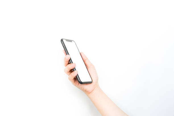 istock hand holding cell phone. smartphone with a blank white screen for mockup 1382916098