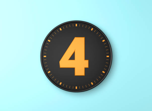 Number 4 Over Black wall clock on blue background. Time concept.
