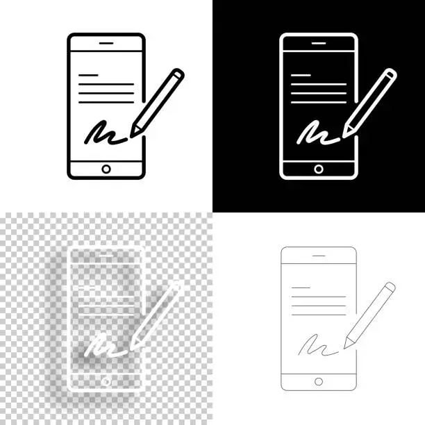 Vector illustration of Electronic signature on smartphone. Icon for design. Blank, white and black backgrounds - Line icon