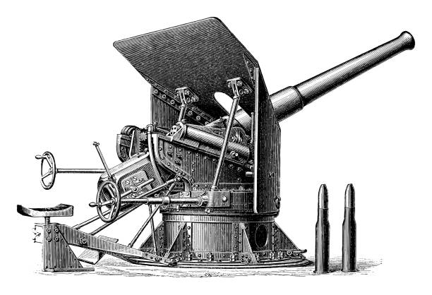 Vintage engraved illustration isolated on white background - Old artillery cannon (10,5cm)