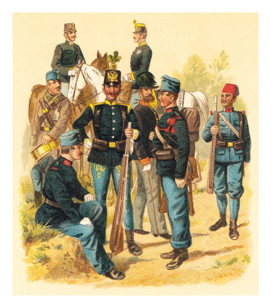 Historical military uniforms from Austria (Infantry) - Vintage color illustration Vintage engraved illustration isolated on white background - Historical military uniforms from Austria (Infantry) rifle old fashioned antique ancient stock illustrations