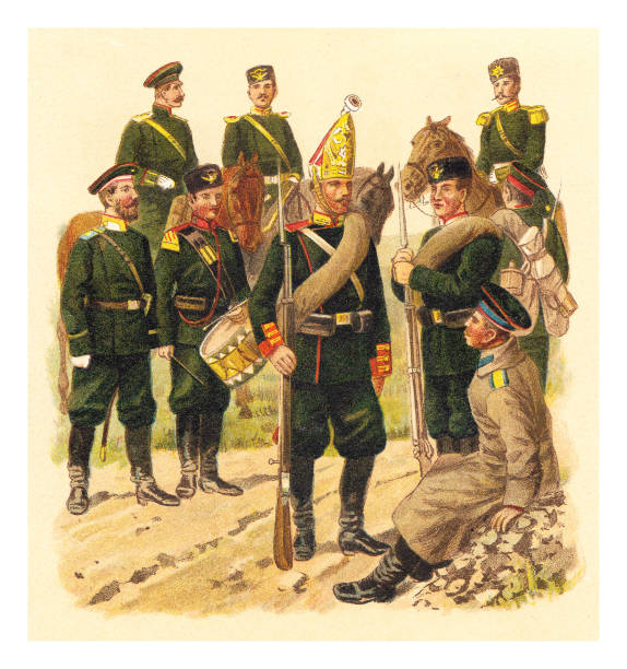 istock Historical military uniforms from Russia (Infantry) - Vintage color illustration 1382917876
