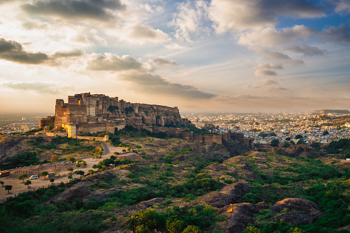 view of mehrangarh fort from singhoria hill in Jodhpur, Rajasthan, India