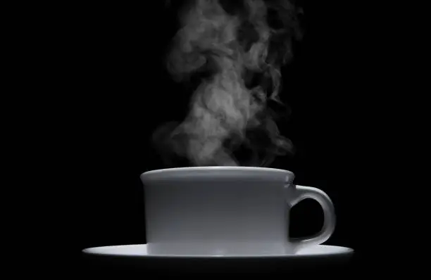 white ceramic coffee cup with floating smoke. isolated on a black background