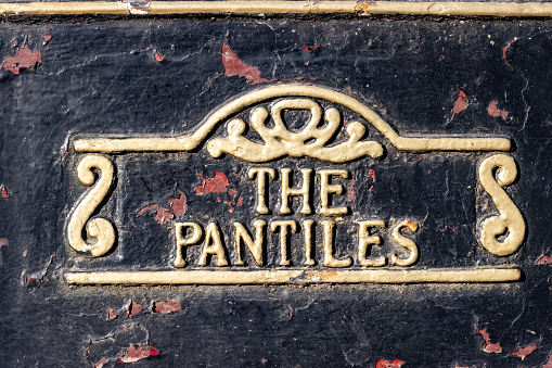 Place Sign for The Pantiles on a dustbin at Royal Tunbridge Wells in Kent, England