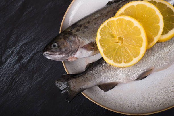 istock Rainbow trout - fish on plate with lemon 1382930519