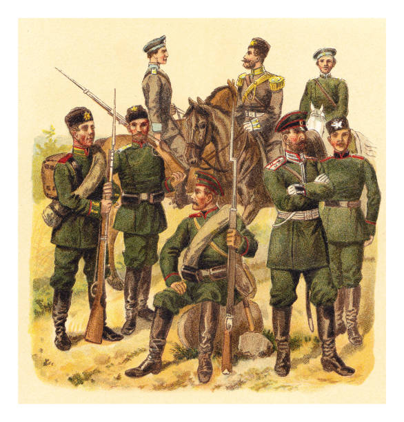 istock Historical military uniforms from Russia - Vintage color illustration 1382935954
