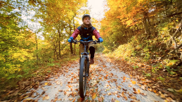 istock Young man mountain biking in autumn forest 1382940143