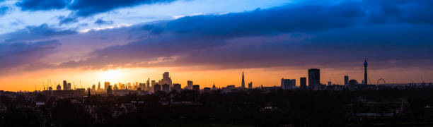 London landmarks skyline silhouetted against dramatic dawn sky panorama