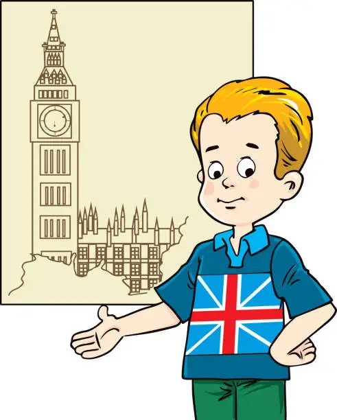 Vector illustration of Travel to England - a colorful illustration of a flat design on a white background. Composition with a sweet boy. The concept of tourism and leisure