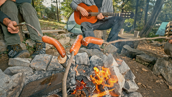 Friends cooking sausages over campfire while playing guitar in forest.