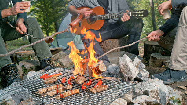 istock Friends cooking meat over campfire 1382965732