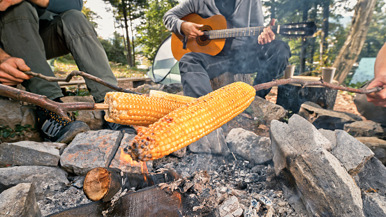 Friends cooking corn over campfire while playing guitar in forest.