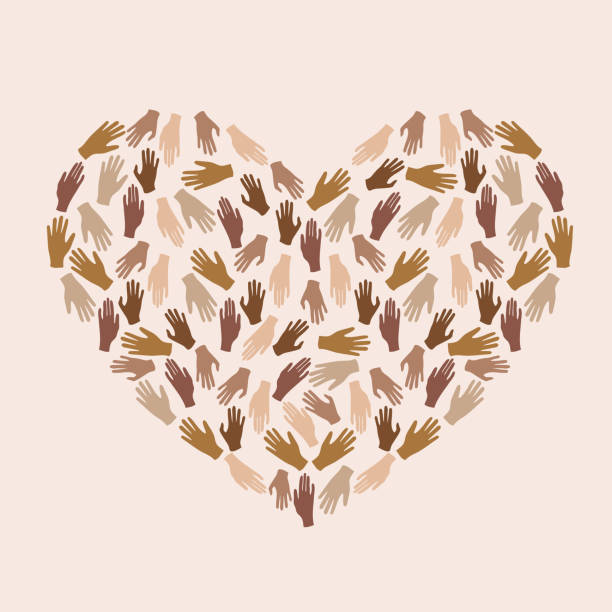 ilustrações de stock, clip art, desenhos animados e ícones de multicultural people, harmony, empowerment, community, teamwork, unity, equality between women of diverse cultures and different racial ethnicity. background with hands in heart shape - harmonia