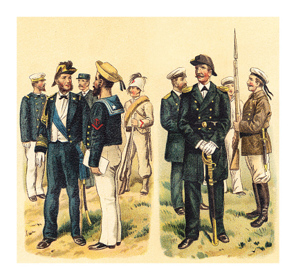 Vintage engraved illustration isolated on white background - Historical military uniforms from Italy and Russia (Marines or naval infantry)