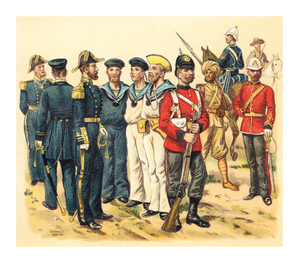 illustrazioni stock, clip art, cartoni animati e icone di tendenza di uniformi militari storiche della gran bretagna (marines o fanteria navale) - illustrazione a colori vintage - dutch colonial