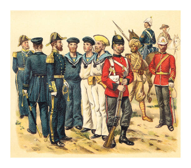 ilustrações de stock, clip art, desenhos animados e ícones de historical military uniforms from great britain (marines or naval infantry) - vintage color illustration - colony