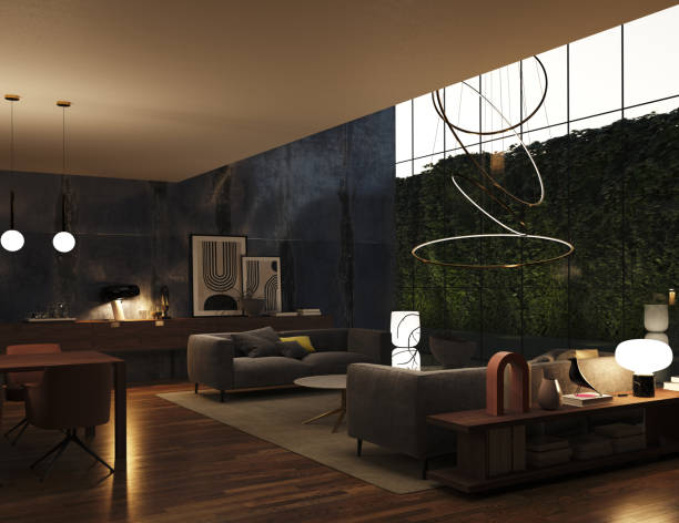 istock Spacious living room with a large sofa. different lights 1382973521