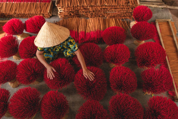 bastoncini di incenso che si asciugano all'aperto con una donna vietnamita che indossa un cappello conico nel nord del vietnam - land craft foto e immagini stock