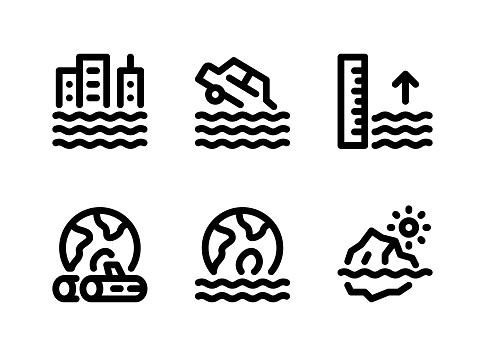 Simple Set of Climate Change Related Vector Line Icons. Contains Icons as Flood In City, Car In Flood, Sea Level and more.