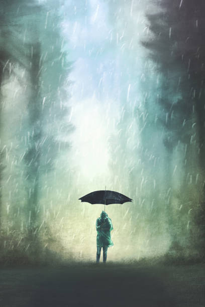 illustration of person with umbrella in the middle of the forest in the rain vector art illustration