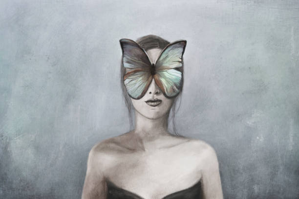 surreal woman's face covered by a colorful butterfly vector art illustration